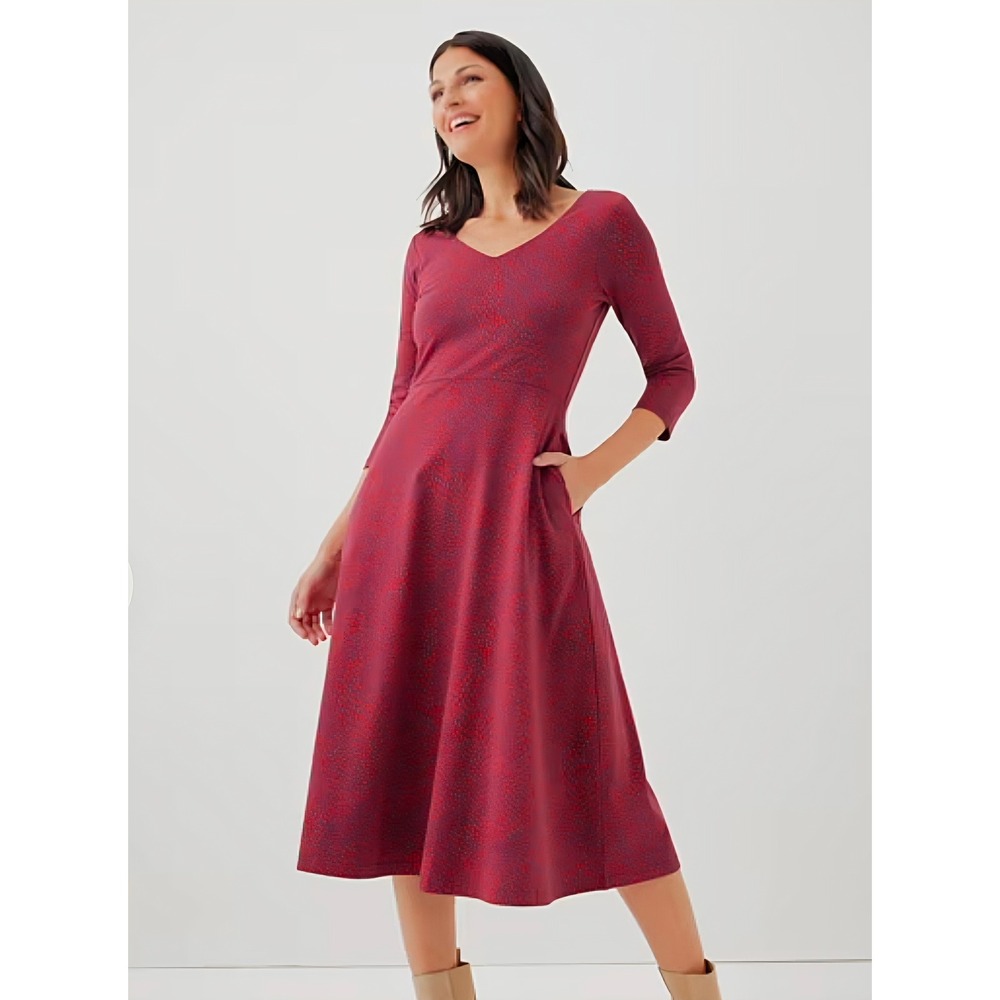 Pact new Organic Cotton Fit & Flare Midi Dress Red Burgundy Dot Print Pockets S